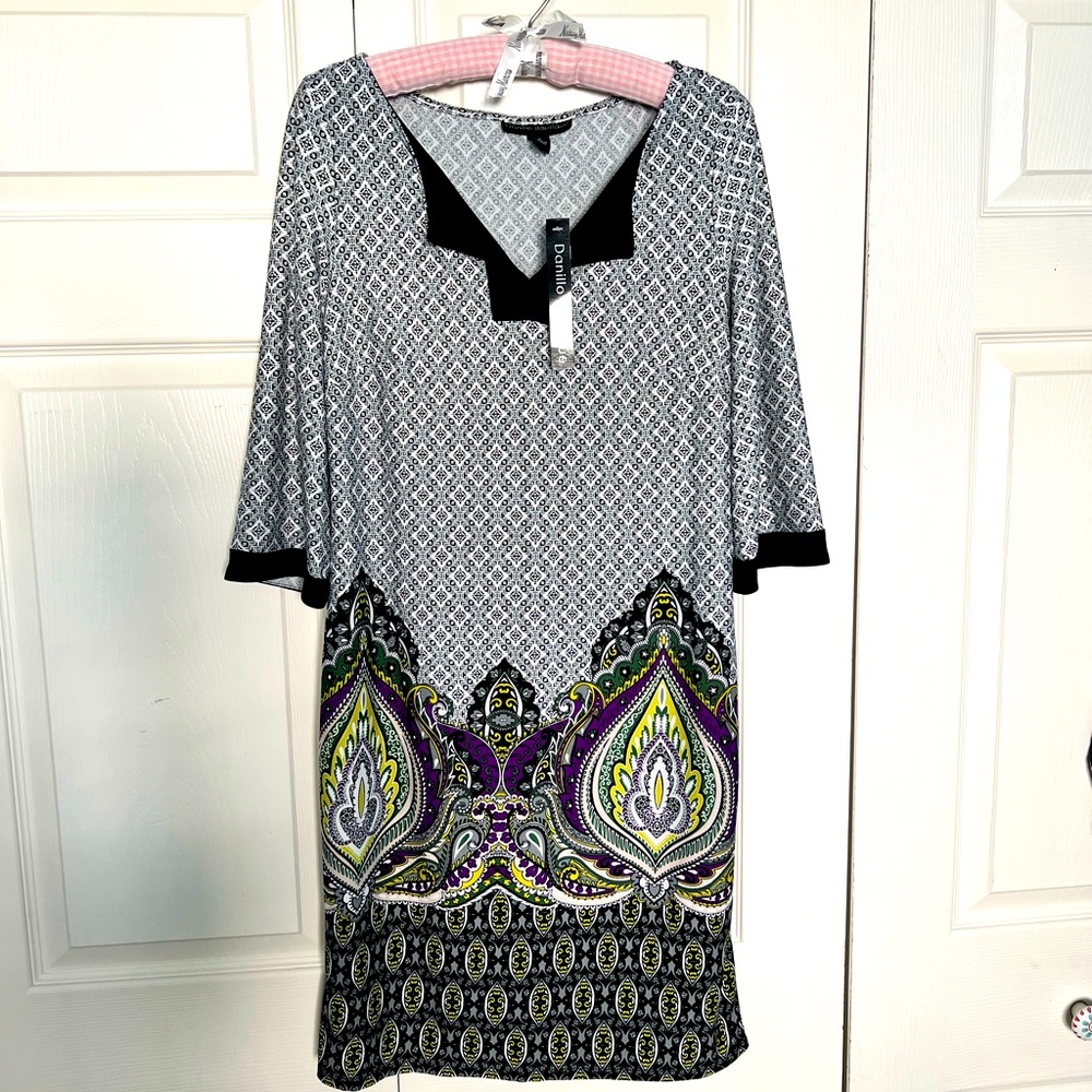 NWT Danillo Boutique Black & White Print Long Sleeve Stretch Shift Dress